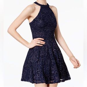 B Darlin Sparkly Fit and Flare Lace Cocktail Dress Halter Neck Navy Blue 7/8